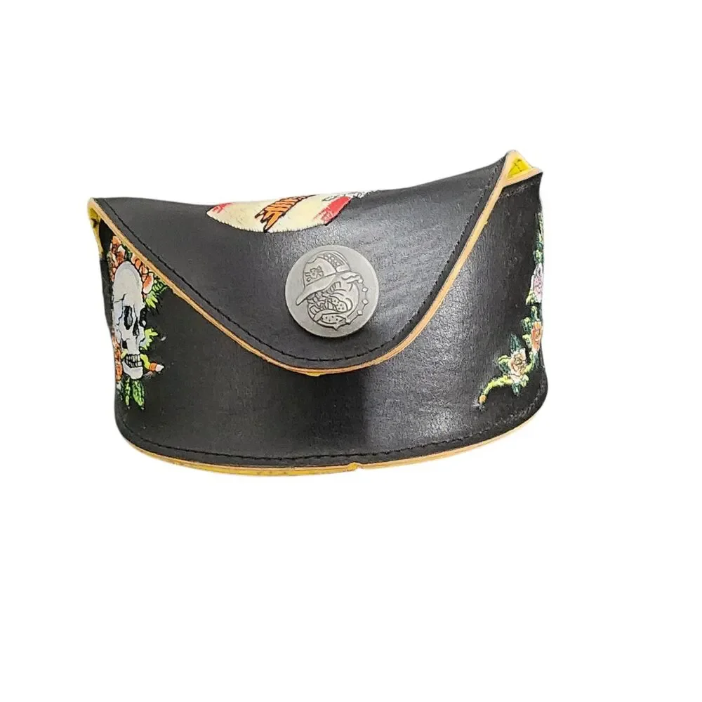 Ed Hardy Surf or Die Skull Sunglasses Case Black Leather Tattoo Y2K‎ Snap
